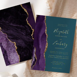 Invitación Con Relieve Metalizado Boda Moderna Aguamarina Ágata Purpura Dorada