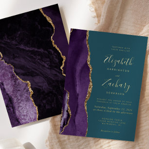 Invitación Con Relieve Metalizado Boda Moderna Aguamarina Ágata Purpura Dorada