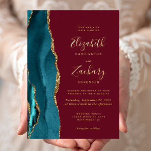 Invitación Con Relieve Metalizado Boda Moderna Azul Teal Oro Ágata Burgundy