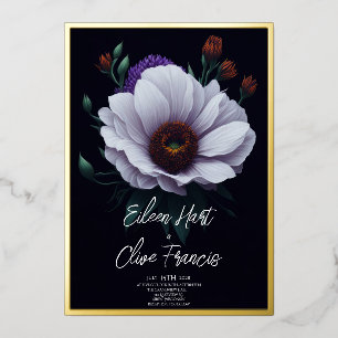 Invitación Con Relieve Metalizado Boda Moderna Blanca Margarita Oscuro Invierno Bord