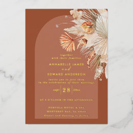 Invitación Con Relieve Metalizado Boda moderna bohemio de terracota con hierba de pa