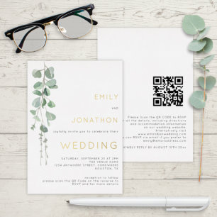 Invitación Con Relieve Metalizado Boda moderna con eucalipto acuarela oro real