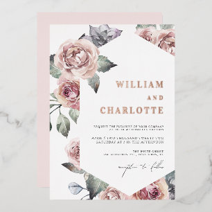 Invitación Con Relieve Metalizado Boda moderna con follaje rosa polvoriento