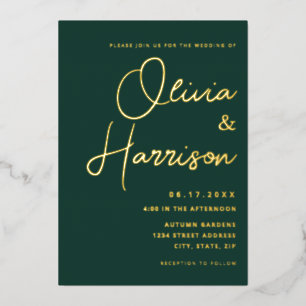 Invitación Con Relieve Metalizado Boda moderna con guión minimalista verde esmeralda
