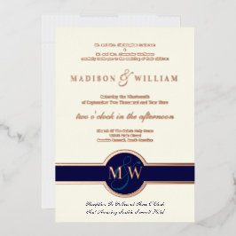 Invitación Con Relieve Metalizado Boda moderna con monograma de lujo en azul marino