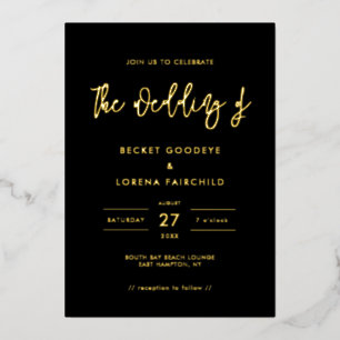Invitación Con Relieve Metalizado Boda moderna contemporánea en negro y dorado