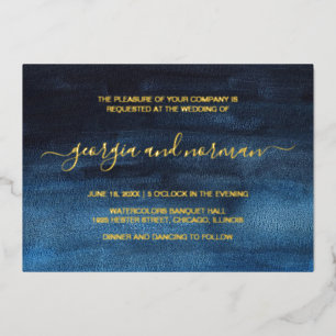 Invitación Con Relieve Metalizado Boda moderna de acuarela azul marino y dorado