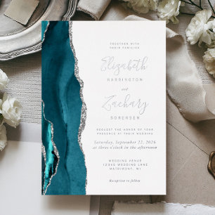 Invitación Con Relieve Metalizado Boda Moderna de Ágata Azul Teal y Plata