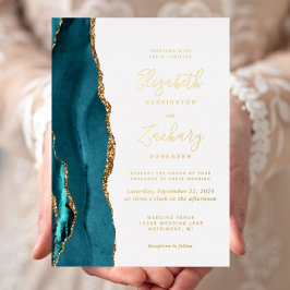 Invitación Con Relieve Metalizado Boda Moderna de Ágata Azul Turquesa y Oro