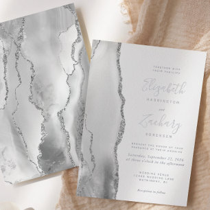 Invitación Con Relieve Metalizado Boda Moderna de Ágata Gris Blanco Plata