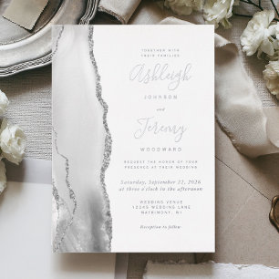 Invitación Con Relieve Metalizado Boda Moderna de Ágata Gris Plateado Blanco