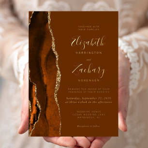 Invitación Con Relieve Metalizado Boda Moderna de Ágata Marrón Naranja Quemada