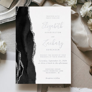 Invitación Con Relieve Metalizado Boda Moderna de Agata Negra y Plata