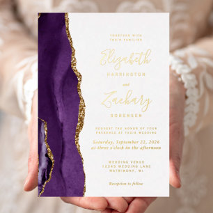 Invitación Con Relieve Metalizado Boda Moderna de Ágata Purpura Dorada