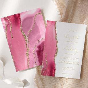 Invitación Con Relieve Metalizado Boda Moderna de Agata Rosa y Oro