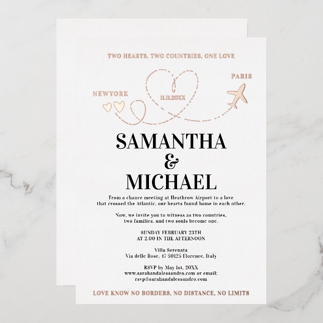 Invitación Con Relieve Metalizado Boda moderna de destino Avión Corazón (Anverso/Reverso)