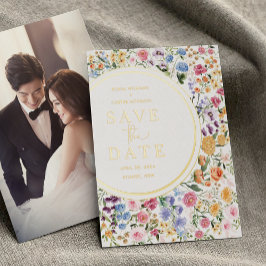 Invitación Con Relieve Metalizado Boda moderna de flores silvestres coloridas, guárd