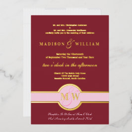 Invitación Con Relieve Metalizado Boda moderna de lujo con monograma burgundy oro