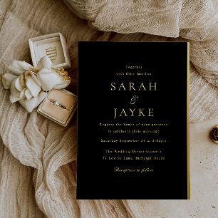 Invitación Con Relieve Metalizado Boda moderna de oro y negro con lámina dorada