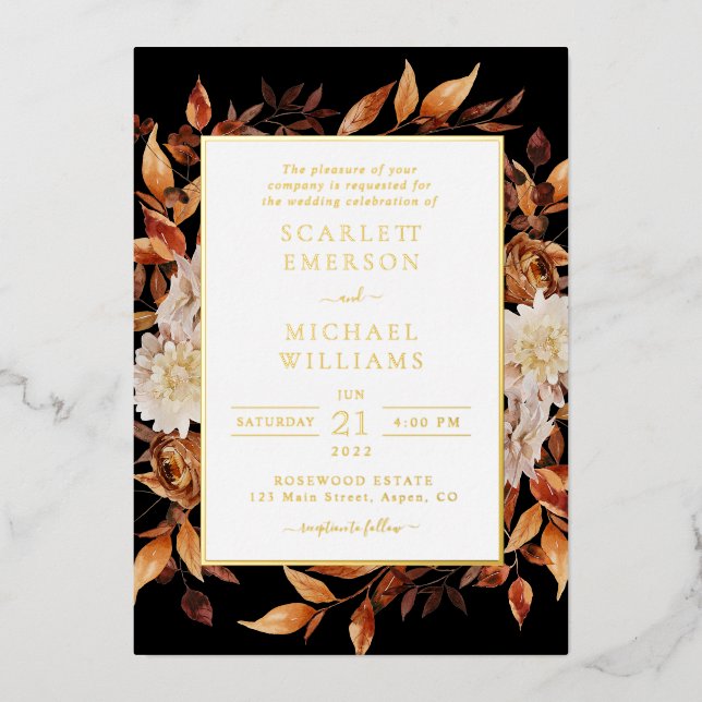 Invitación Con Relieve Metalizado Boda moderna de otoño (Anverso)