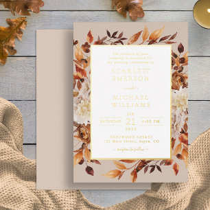 Invitación Con Relieve Metalizado Boda Moderna de Otoño en Dorado