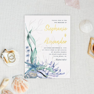 Invitación Con Relieve Metalizado Boda moderna de playa con conchas de acuarela azul