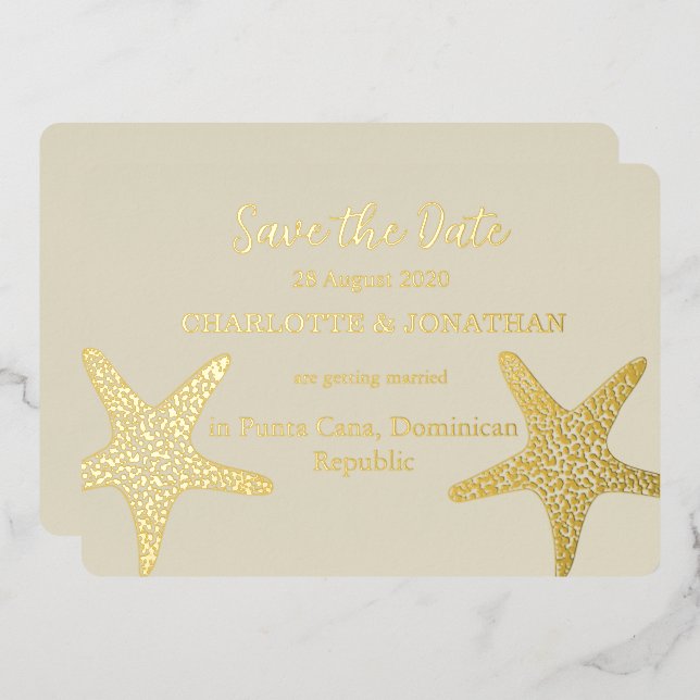 Invitación Con Relieve Metalizado Boda Moderna de Playa Estrella de Mar Dorada (Anverso/Reverso)