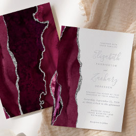 Invitación Con Relieve Metalizado Boda moderna de rojo borgoña y plata con ágata