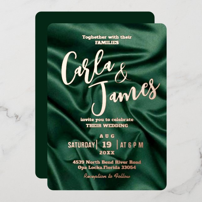Invitación Con Relieve Metalizado Boda moderna de seda verde esmeralda elegante y do (Anverso/Reverso)