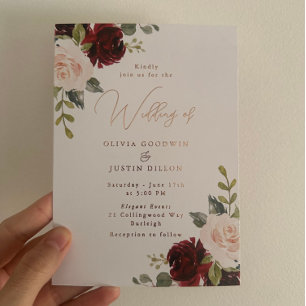 Invitación Con Relieve Metalizado Boda moderna de vino y rubor con lámina de oro ros