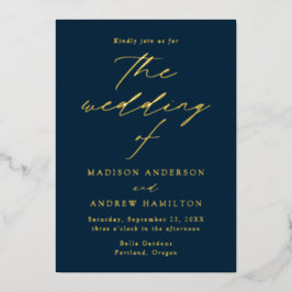 Invitación Con Relieve Metalizado Boda Moderna Elegancia Azul Marino y Dorado