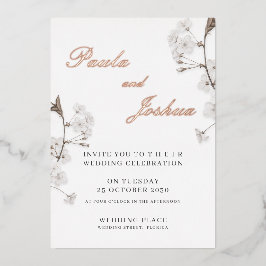 Invitación Con Relieve Metalizado Boda moderna elegante con flores blancas y hoja de