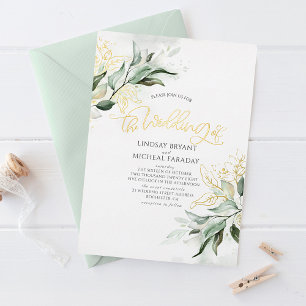 Invitación Con Relieve Metalizado Boda moderna elegante con oro y vegetación de salv