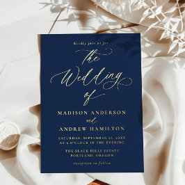 Invitación Con Relieve Metalizado Boda moderna elegante de caligrafía en azul marino