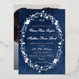Invitación Con Relieve Metalizado Boda moderna elegante floral azul de invierno