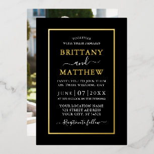 Invitación Con Relieve Metalizado Boda Moderna Elegante Foto Blanco Negro Dorado