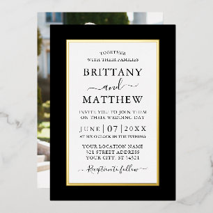 Invitación Con Relieve Metalizado Boda moderna elegante Foto negro y blanco dorado