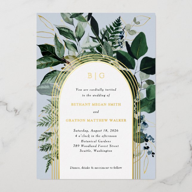 Invitación Con Relieve Metalizado Boda moderna en el jardín botánico elegante (Anverso)