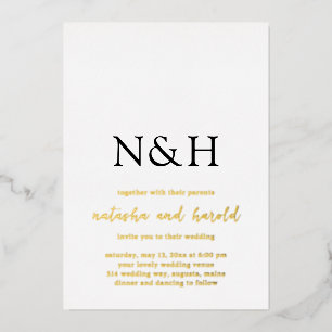 Invitación Con Relieve Metalizado Boda moderna en negro y blanco con monograma en ne