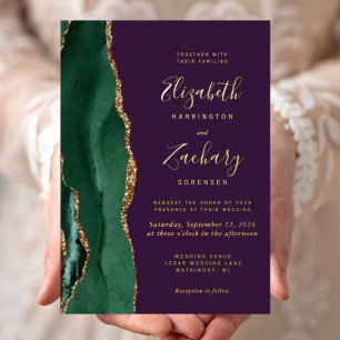 Invitación Con Relieve Metalizado Boda Moderna Esmeralda Verde Oro Ágata Púrpura