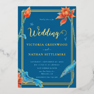 Invitación Con Relieve Metalizado Boda Moderna Flor de Loto Naranja y Azul