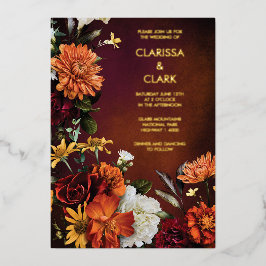 Invitación Con Relieve Metalizado Boda moderna floral de otoño con naranja intenso y