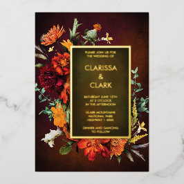 Invitación Con Relieve Metalizado Boda moderna floral de otoño con naranja intenso y