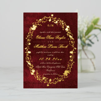 Invitación Con Relieve Metalizado Boda Moderna Floral Dorado Burgundy Rojo Otoño