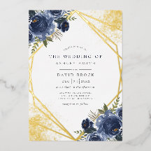 Boda moderna geométrica floral azul marino dorado