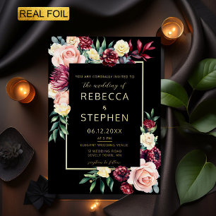 Invitación Con Relieve Metalizado Boda Moderna Malhumorada Floral Burgundy Oscuro Do