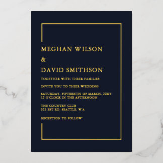 Invitación Con Relieve Metalizado Boda moderna minimalista azul marino simple