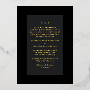 Invitación Con Relieve Metalizado Boda moderna minimalista simple oro sobre negro