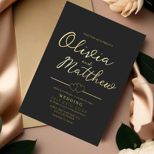 Invitación Con Relieve Metalizado Boda moderna romántica con guión de oro y negro