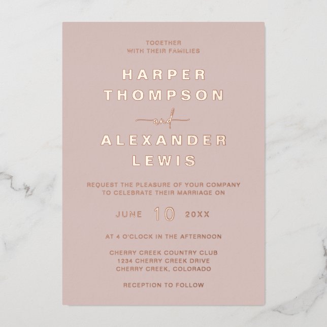 Invitación Con Relieve Metalizado Boda Moderna Rosa Oro (Anverso)